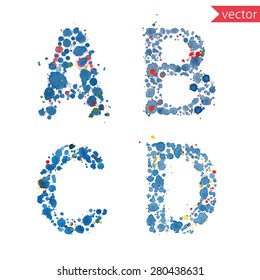 decorative letters A, B, C, D made from colorful drops and blots