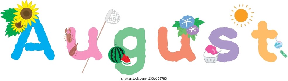 Decorative letters combining the "August" alphabet with summer motifs