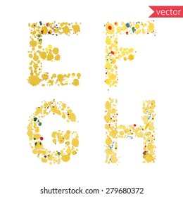 decorative letters E, F, G, H,  made from colorful drops and blots