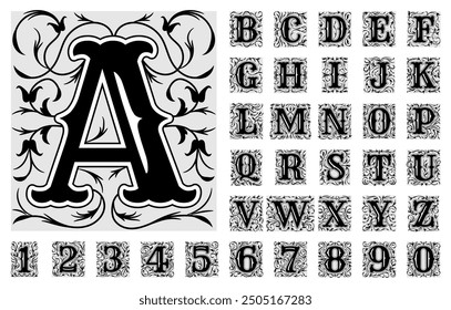 Dekorative Buchstaben. Handgezeichnete verzierte Alphabet Symbole Zahlen und Buchstaben jüngsten Vektor Vintage Schriftart