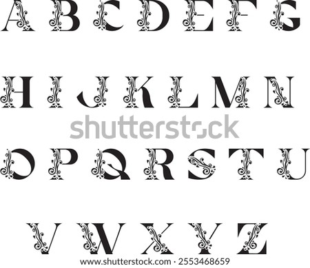 Decorative letters. Hand drawn ornate alphabet symbols numbers and letters recent vector vintage font