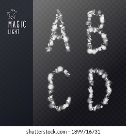 Decorative letters of the Latin alphabet from clouds. Uppercase letters consisting of transparent particles. Vector graphics in a modern style.