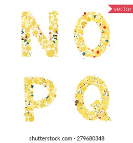 decorative letters N, O, P, Q  made from colorful drops and blots