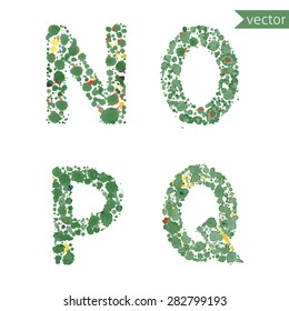 decorative letters N, O, P, Q  made from colorful drops and blots