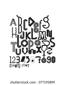 Decorative letters and numbers in a chaotic composition. Isolated on white background