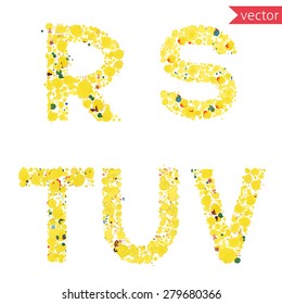 decorative letters R, S, T, U, V, made from colorful drops and blots