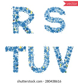 decorative letters R, S, T, U, V, made from colorful drops and blots