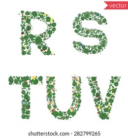 decorative letters R, S, T, U, V, made from colorful drops and blots