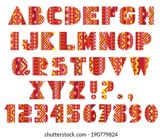 Decorative Letters. Set of ABC letters with abstract geometric patterns. Rich ornate alphabet in ethnic style. Fancy multicolored capital letters, schematic shapes. Vector is grouped EPS8. 