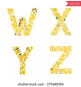 decorative letters W, X, Y, Z,  made from colorful drops and blots