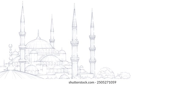 Decorative light background with Blue Mosque (Sultan Ahmed Mosque). Card template design. Vector illustration.