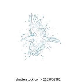 Decorative light background with flying crow and stains. Card template design. Vector illustration.