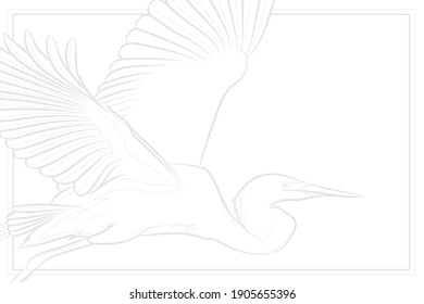 Decorative light background with flying great egret. Card template design. Vector illustration.