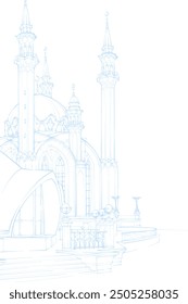 Decorative light background with Kul Sharif Mosque (Kazan, Russia). Card template design. Vector illustration.