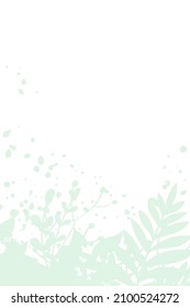 Decorative light background with leaves, plants and splashes. Card template design. Vector illustration.