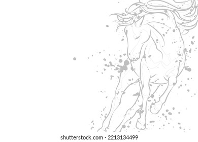 Decorative light background with running horse. Card template design. Vector illustration.