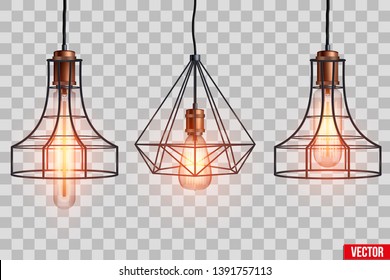 Decorative  light bulb in Retro design copper wire lampshade. Original Vintage design. Switch on. Vector Illustration isolated on transparent background