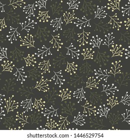 Decorative light gray, yellow and green branches on dark green background. Seamless floral pattern.