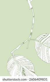 Decorative light green background with branch. Branch with leaves. Card template design. Vector illustration.