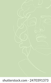 Fondo verde oliva claro decorativo con busto de un joven Alejandro Magno. Diseño de Plantilla de tarjeta. Ilustración vectorial.