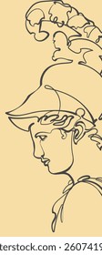 Decorative light orange background with Statue of Athena wearing a Corinthian helmet, the aegis and Gorgoneion. Card template design. Vector illustration.