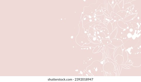 Decorative light pink background with lotus flowers and stains. Card template design. Vector illustration.