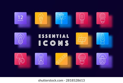 Decorative lighting set icon. Torch, lantern, lava lamp, solar panel, glowing bulb, hanging fixture, radiant illumination assortment for interiors.