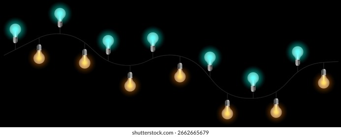 Icono decorativo del sistema de luces. Colgar bombillas brillantes en el alambre con tonos cálidos y fríos alternados. Perfecto para temas de celebración, fiesta o decoración festiva.