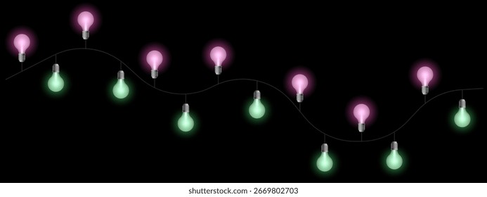 Dekorative Lichter setzen Symbol. Hängende Glühbirnen auf Draht mit abwechselnd warmen und kalten Tönen. Perfekt für Feiern, Feiern oder festliche Dekorationsthemen.