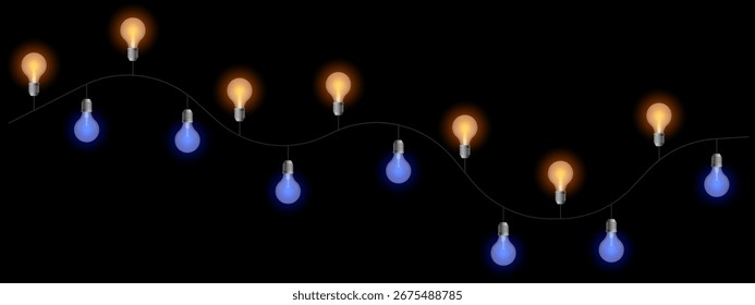 Icono decorativo del sistema de luces. Colgar bombillas brillantes en el alambre con tonos cálidos y fríos alternados. Perfecto para temas de celebración, fiesta o decoración festiva.