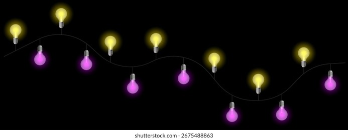 Icono decorativo del sistema de luces. Colgar bombillas brillantes en el alambre con tonos cálidos y fríos alternados. Perfecto para temas de celebración, fiesta o decoración festiva.