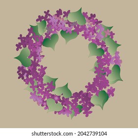 Decorative lilac crown illustration of purple flowers and green leaves around
