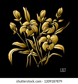 Decorative lily flowers, design elements. Can be used for cards, invitations, banners, posters, print design. Golden flowers