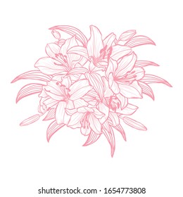Decorative lily flowers, design elements. Can be used for cards, invitations, banners, posters, print design. Floral background in line art style