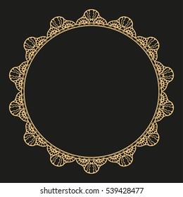 Decorative line art doodle frame. Design element in eastern style. Golden outline filigree floral pattern. Lace template for invitation or greeting card. Seamless border included in brush palette