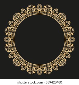 Decorative line art doodle frame. Design element in eastern style. Golden outline filigree floral pattern. Lace template for invitation or greeting card. Seamless border included in brush palette