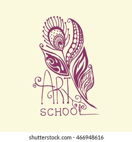 Decorative line art doodle style tribal peacock feather logo design for art school