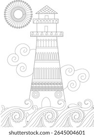 Decorative line art drawing of a lighthouse on abstract waves with sun and clouds, ideal for coloring or design.