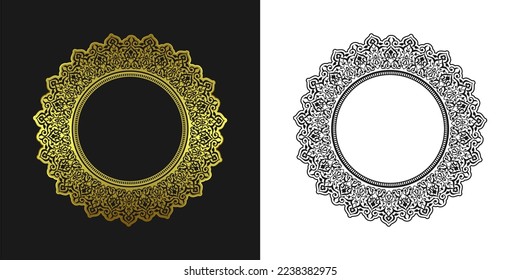 Decorative line art frame for design template. Elegant vector element Eastern style, place for text. Golden outline floral border. Lace illustration for invitations and greeting cards