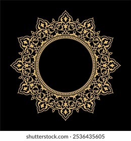 Decorative line art frame for design template. Elegant modern element for design in Eastern style, place for text. Golden outline floral border. Lace illustration for invitations and greeting cards