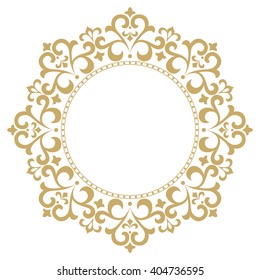 Decorative line art frame for design template. Elegant vector element for design in Eastern style, place for text. Golden outline floral border. Lace illustration for invitations and greeting cards