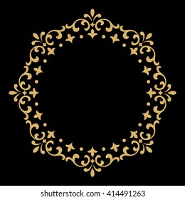 Decorative line art frame for design template. Elegant vector element for design in Eastern style, place for text. Golden outline floral border. Lace illustration for invitations and greeting cards