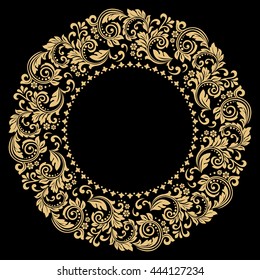 Decorative line art frame for design template. Elegant vector element for design in Eastern style, place for text. Golden outline floral border. Lace illustration for invitations and greeting cards