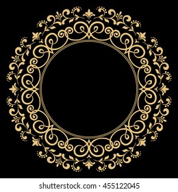 Decorative line art frame for design template. Elegant vector element for design in Eastern style, place for text. Golden outline floral border. Lace illustration for invitations and greeting cards