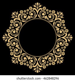 Decorative line art frame for design template. Elegant vector element for design in Eastern style, place for text. Golden outline floral border. Lace illustration for invitations and greeting cards