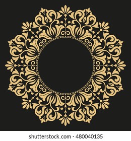 Decorative line art frame for design template. Elegant vector element for design in Eastern style, place for text. Golden outline floral border. Lace illustration for invitations and greeting cards