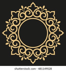 Decorative line art frame for design template. Elegant vector element for design in Eastern style, place for text. Golden outline floral border. Lace illustration for invitations and greeting cards