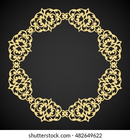 Decorative line art frame for design template. Elegant vector element for design in Eastern style, place for text. Golden outline floral border. Lace illustration for invitations and greeting cards