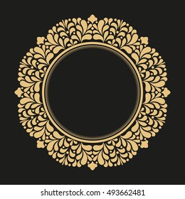 Decorative line art frame for design template. Elegant vector element for design in Eastern style, place for text. Golden outline floral border. Lace illustration for invitations and greeting cards