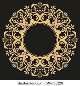 Decorative line art frame for design template. Elegant vector element for design in Eastern style, place for text. Golden outline floral border. Lace illustration for invitations and greeting cards